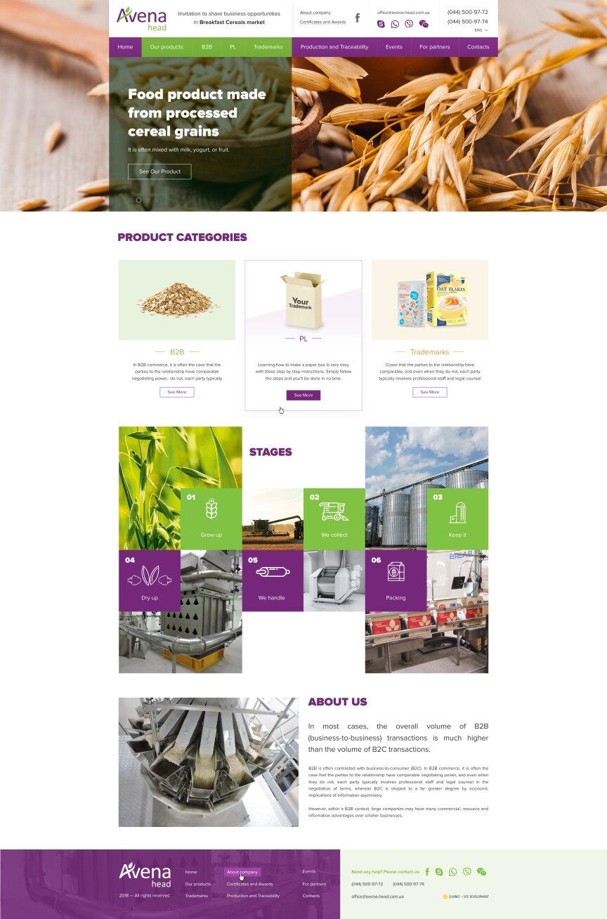 дизайн внутрішніх сторінкок на тему Продукти харчування — Корпоративний сайт компанії "Avena" 0