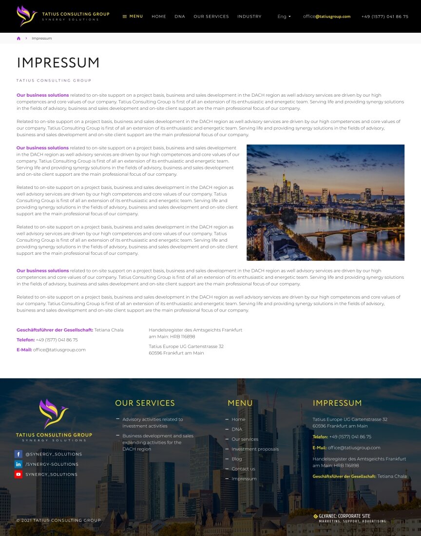 interior page design on the topic The site is in English — Tatius Consulting Group promo site 3