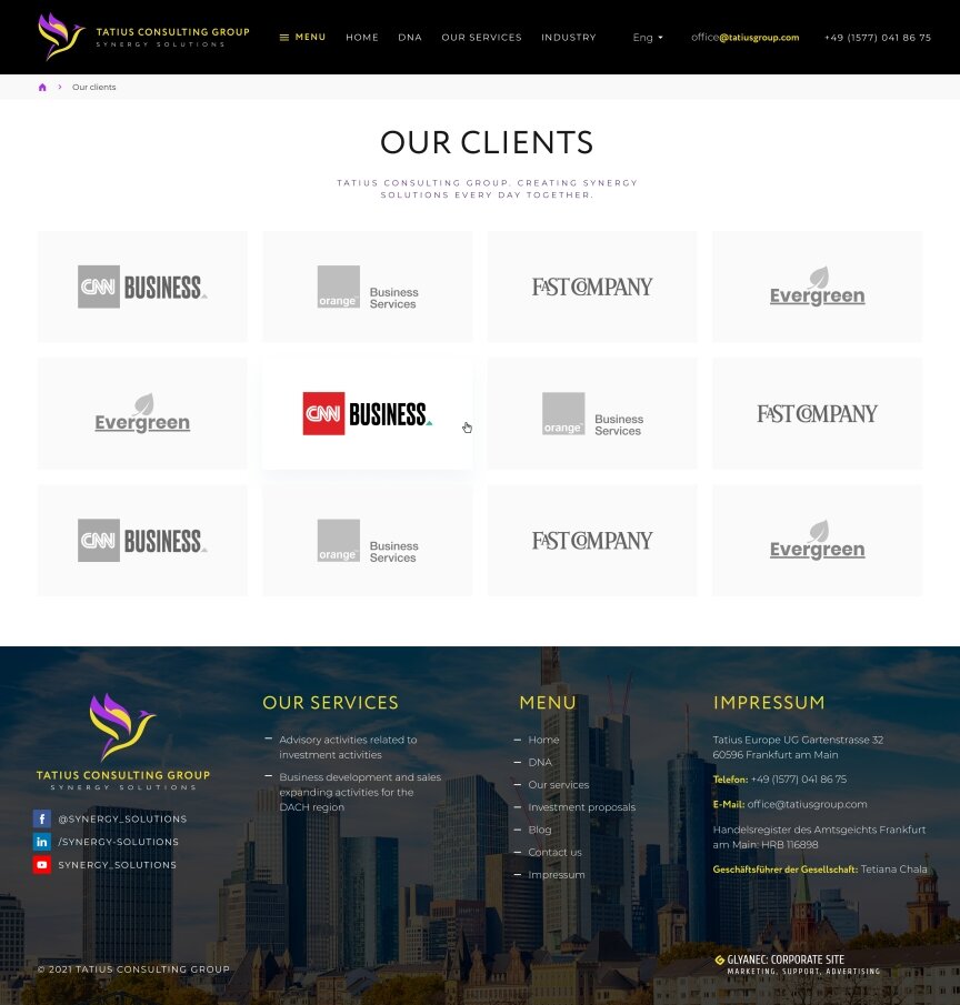 interior page design on the topic The site is in English — Tatius Consulting Group promo site 8